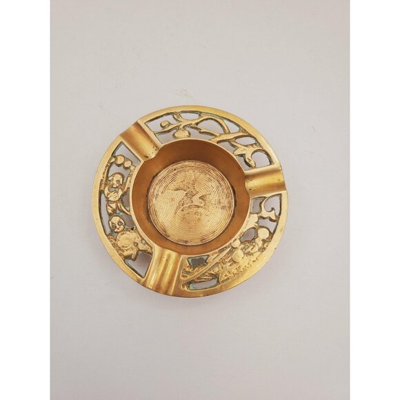 Vintage Solid Brass Ashtray Multi Floral Patterns 1970's Vintage Brass Ashtray - - Picture 1 of 10